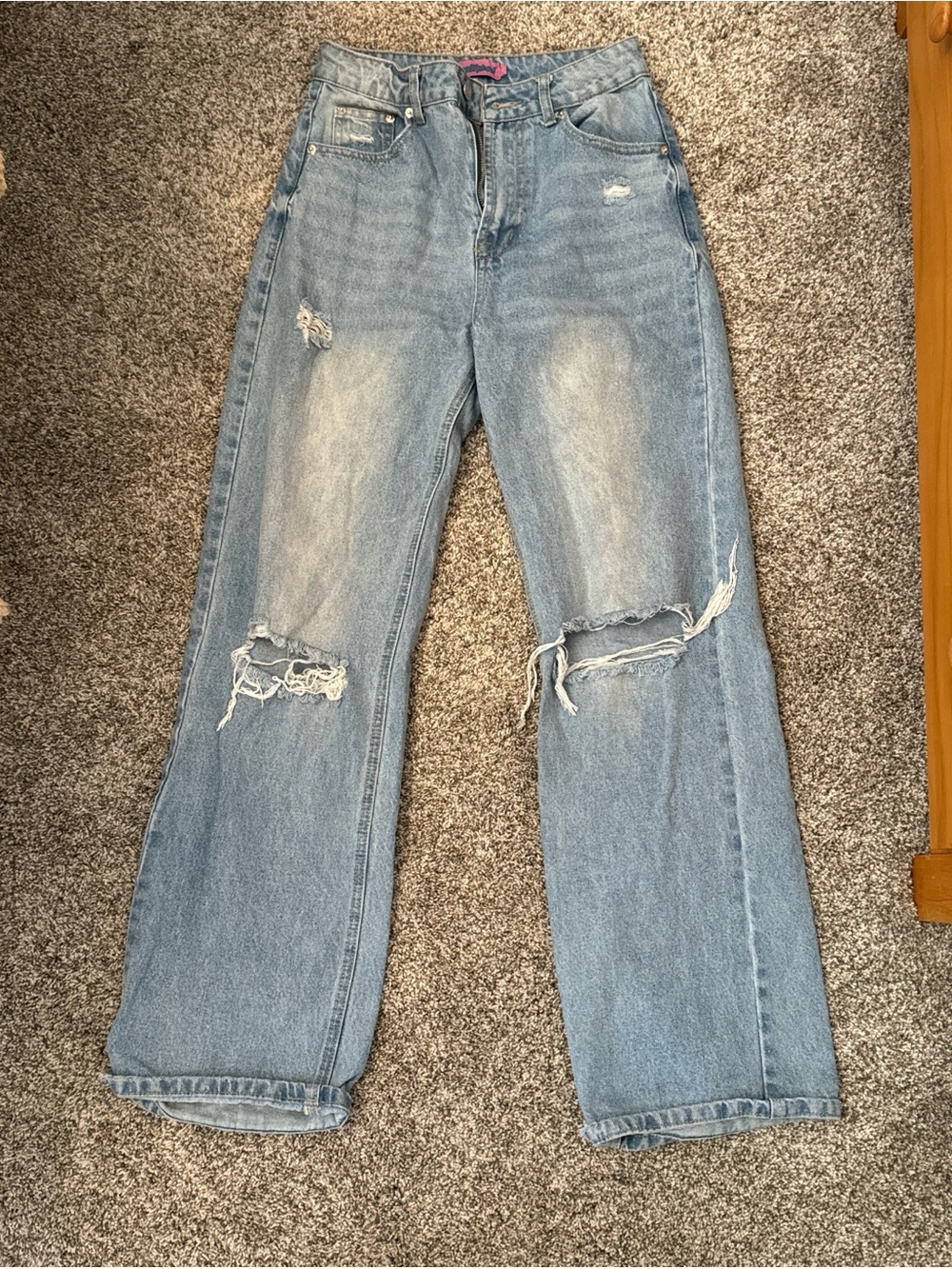 Edikted Light Blue Wide Leg Distressed Jeans